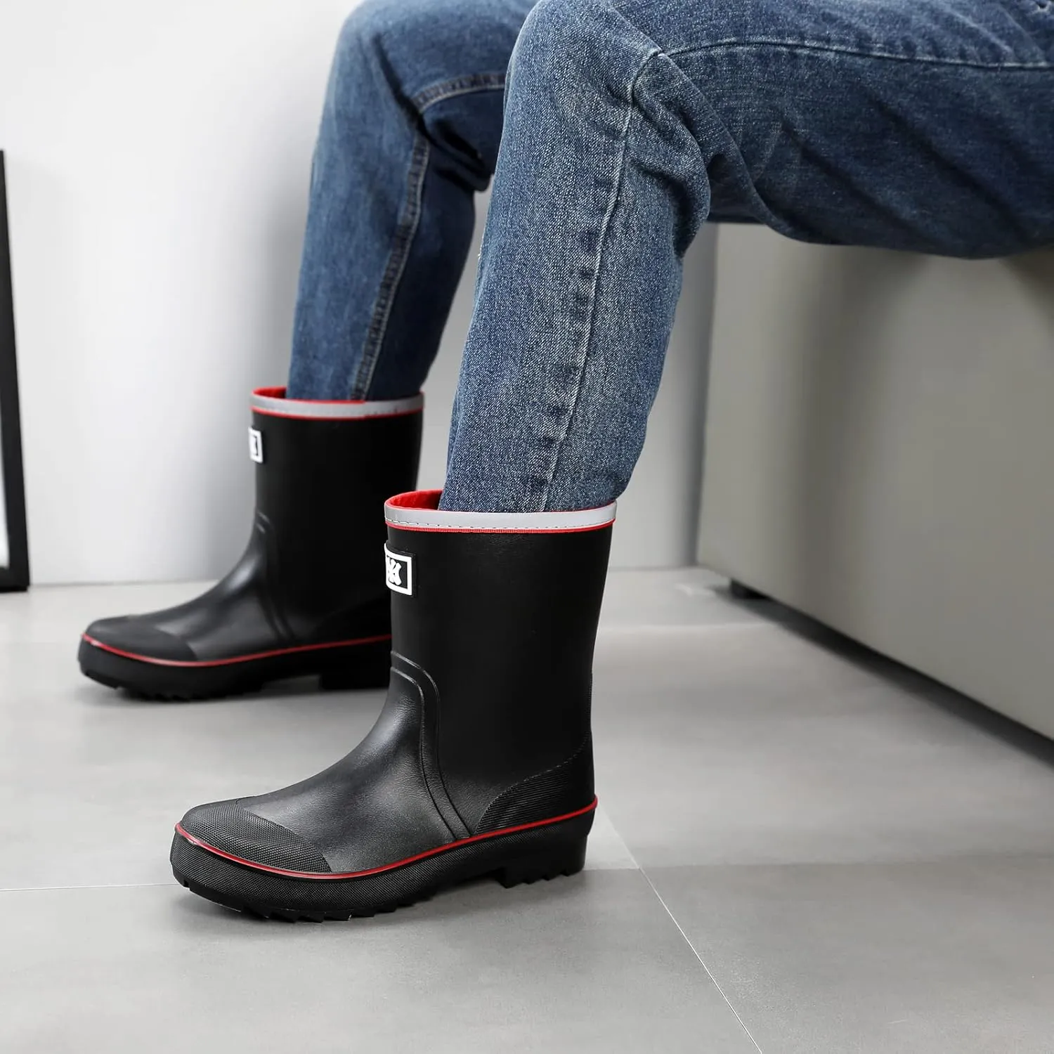 Rain Boots for Men, Waterproof Warm Rubber Boots Mens Garden Boots, Comfort Mid-Calf Lightweight Adjustable Raining Shoes, Elastic Chelsea Ankle Rain Boots Fishing Shoes for Yard Farm Outdoor Work