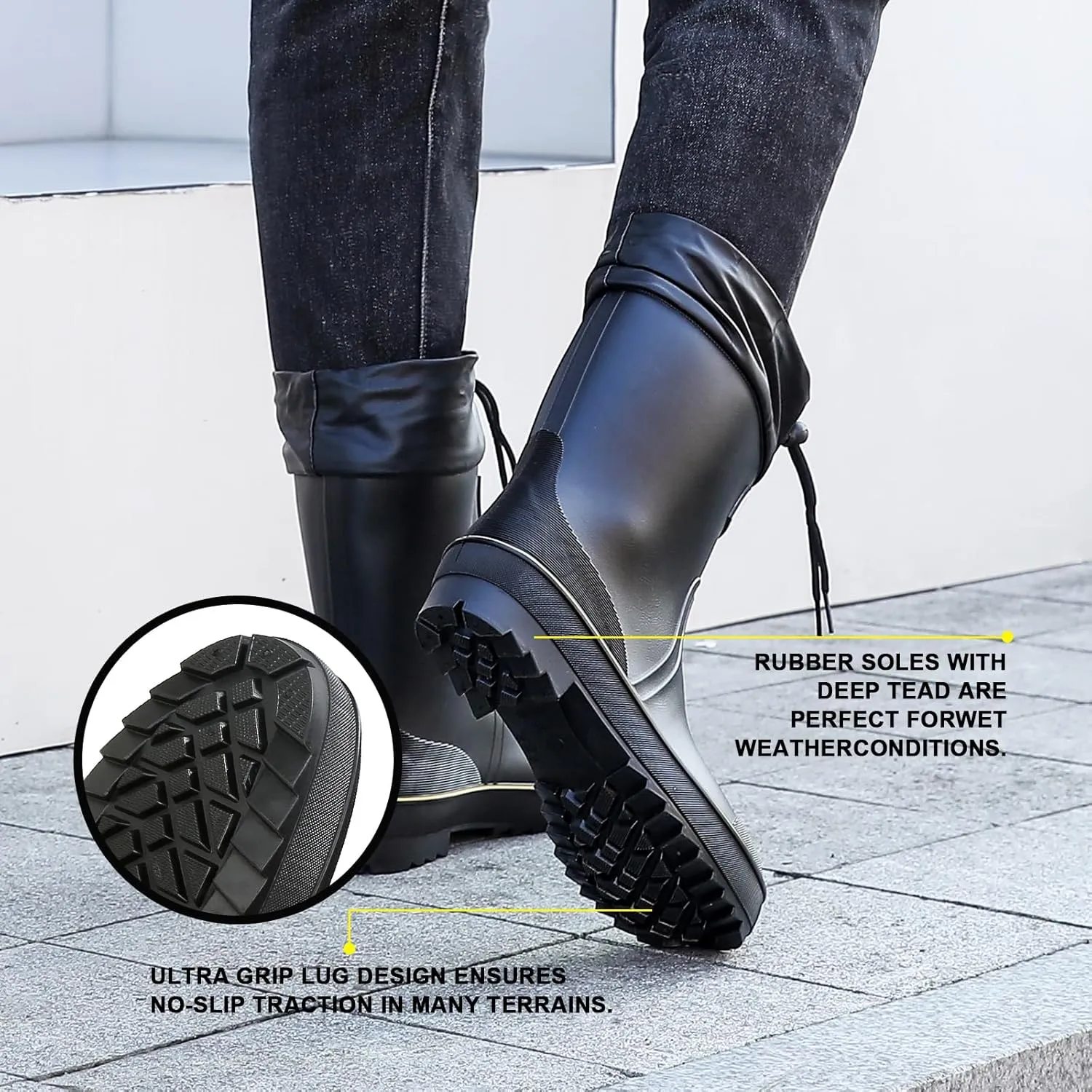 Rain Boots for Men, Waterproof Warm Rubber Boots Mens Garden Boots, Comfort Mid-Calf Lightweight Adjustable Raining Shoes, Elastic Chelsea Ankle Rain Boots Fishing Shoes for Yard Farm Outdoor Work