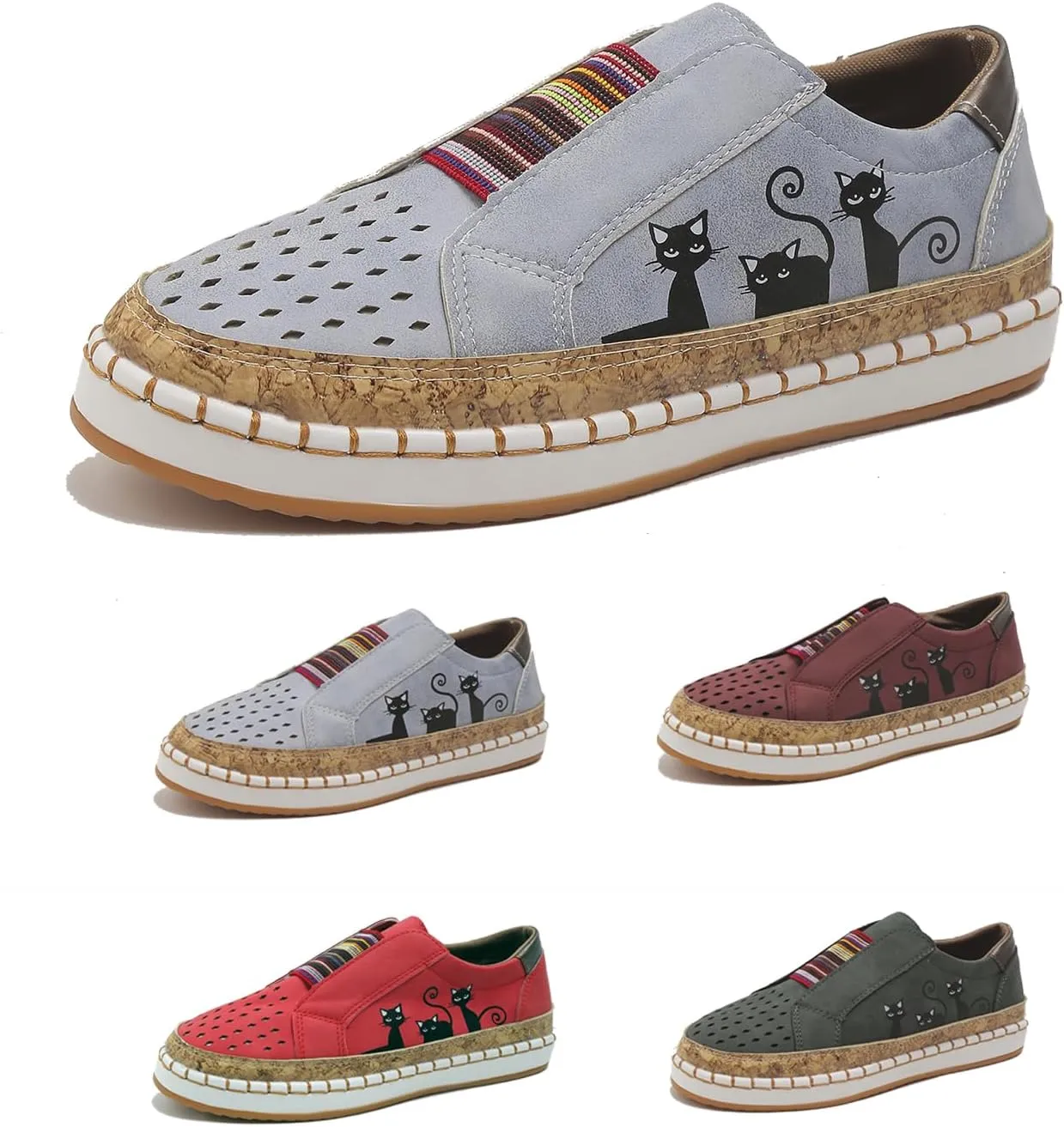 Rayootd Women's cat Print Orthopedic Shoes, Heart Shaped cat Print Low top Loafers, Comfortable Slip-on Walking Shoes Women's Breathable Sneakers