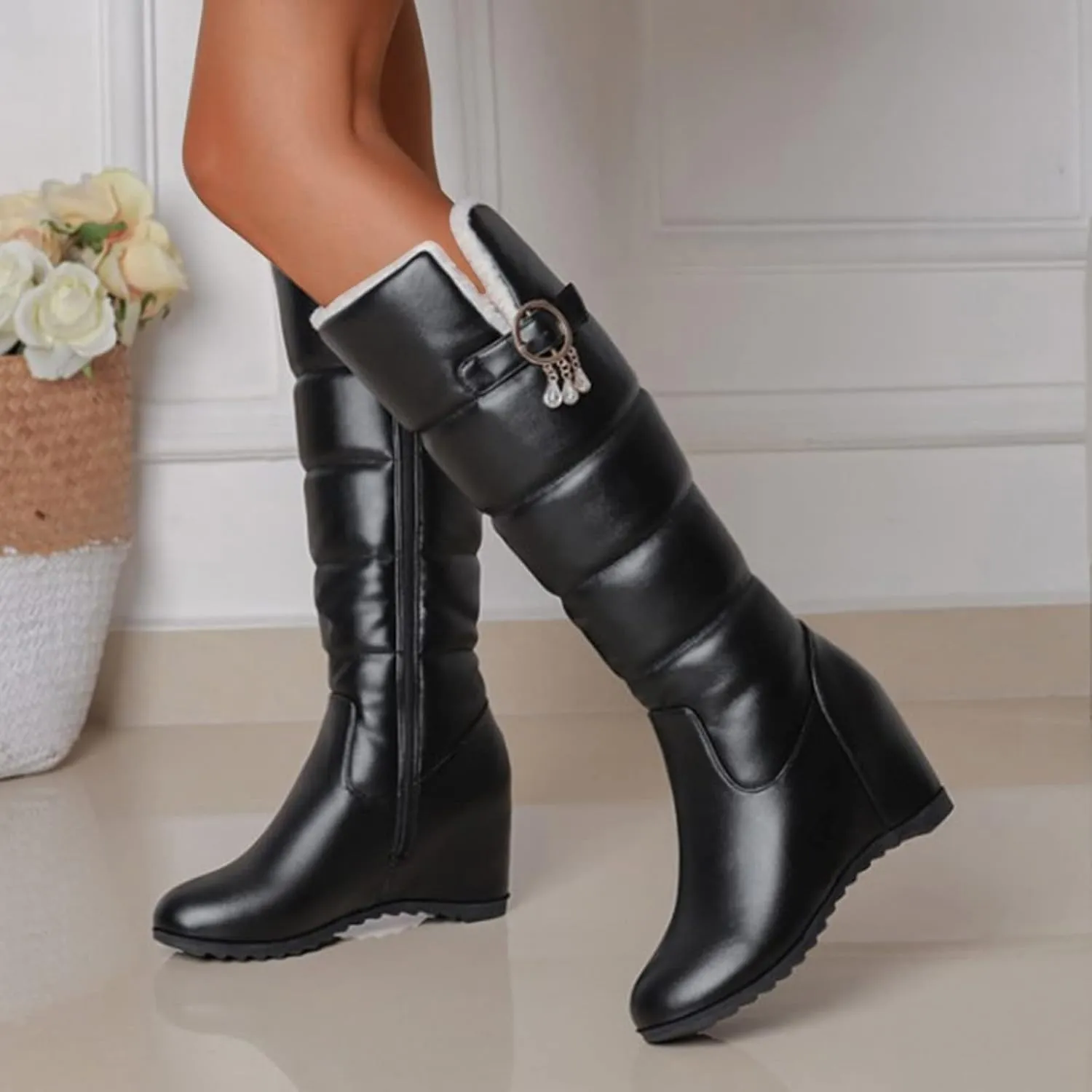 Snow Boots Women Color Leather Belt Buckle Cotton Boots Plush Wedge Heel Thick Long Boots Womens