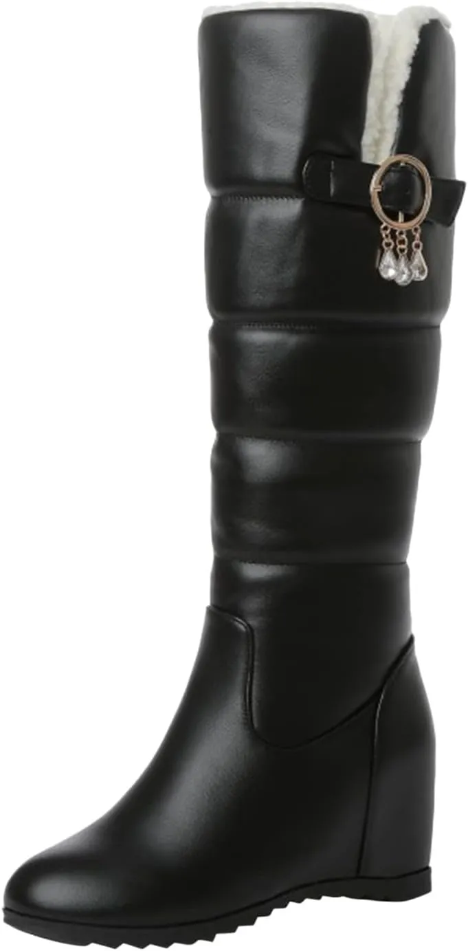 Snow Boots Women Color Leather Belt Buckle Cotton Boots Plush Wedge Heel Thick Long Boots Womens