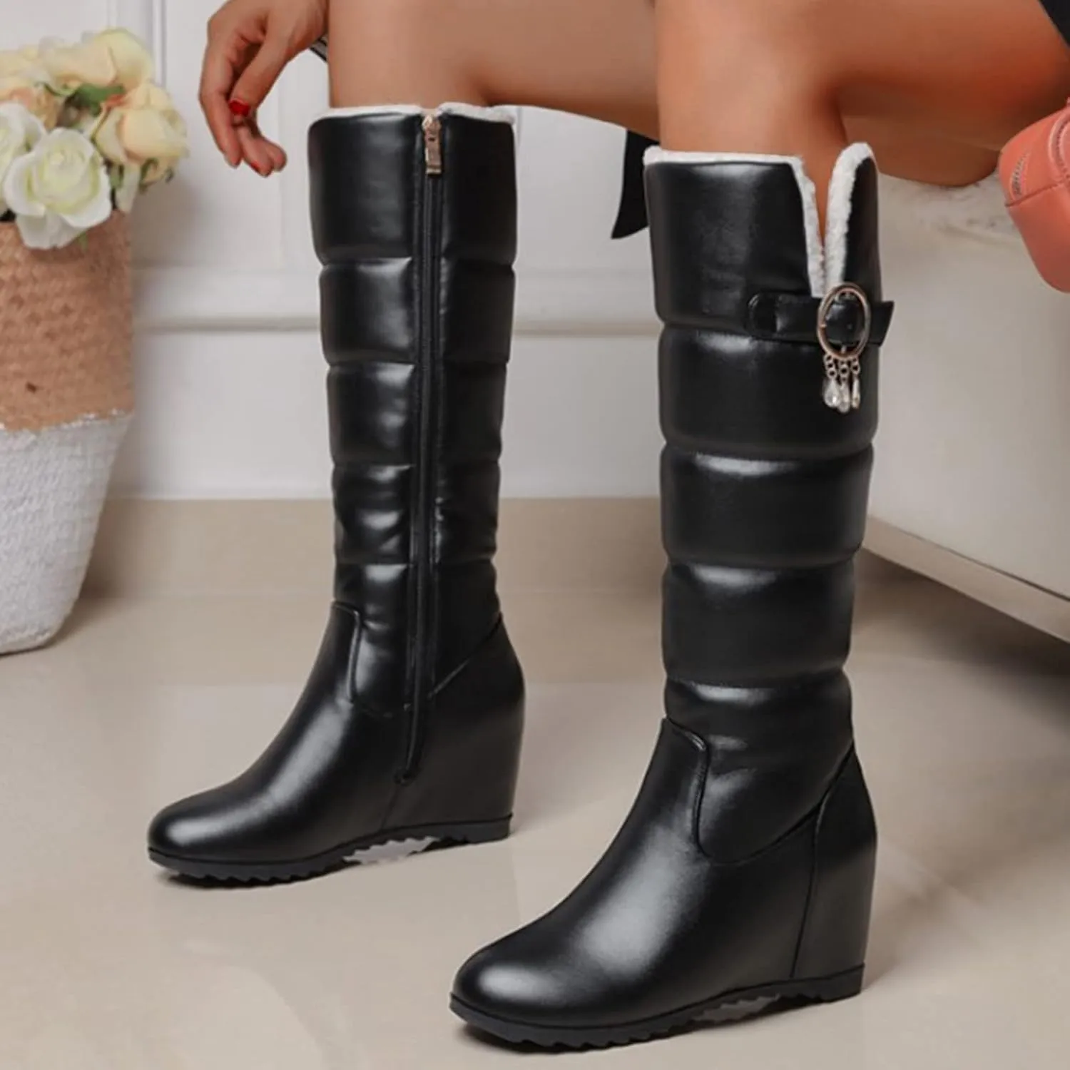 Snow Boots Women Color Leather Belt Buckle Cotton Boots Plush Wedge Heel Thick Long Boots Womens