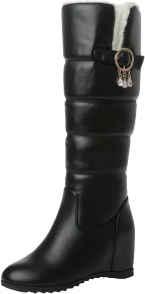 Snow Boots Women Color Leather Belt Buckle Cotton Boots Plush Wedge Heel Thick Long Boots Womens