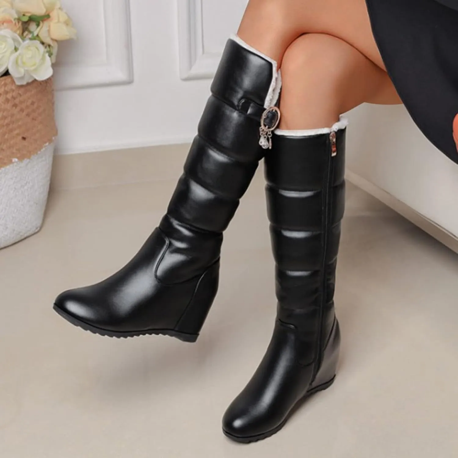 Snow Boots Women Color Leather Belt Buckle Cotton Boots Plush Wedge Heel Thick Long Boots Womens