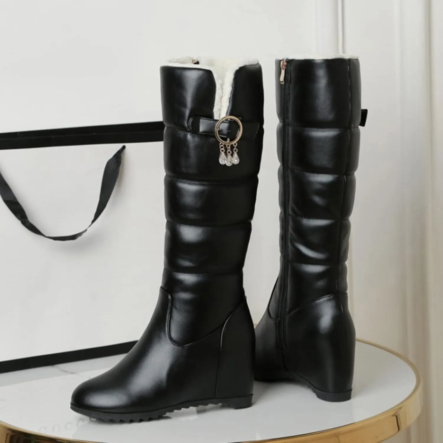 Snow Boots Women Color Leather Belt Buckle Cotton Boots Plush Wedge Heel Thick Long Boots Womens