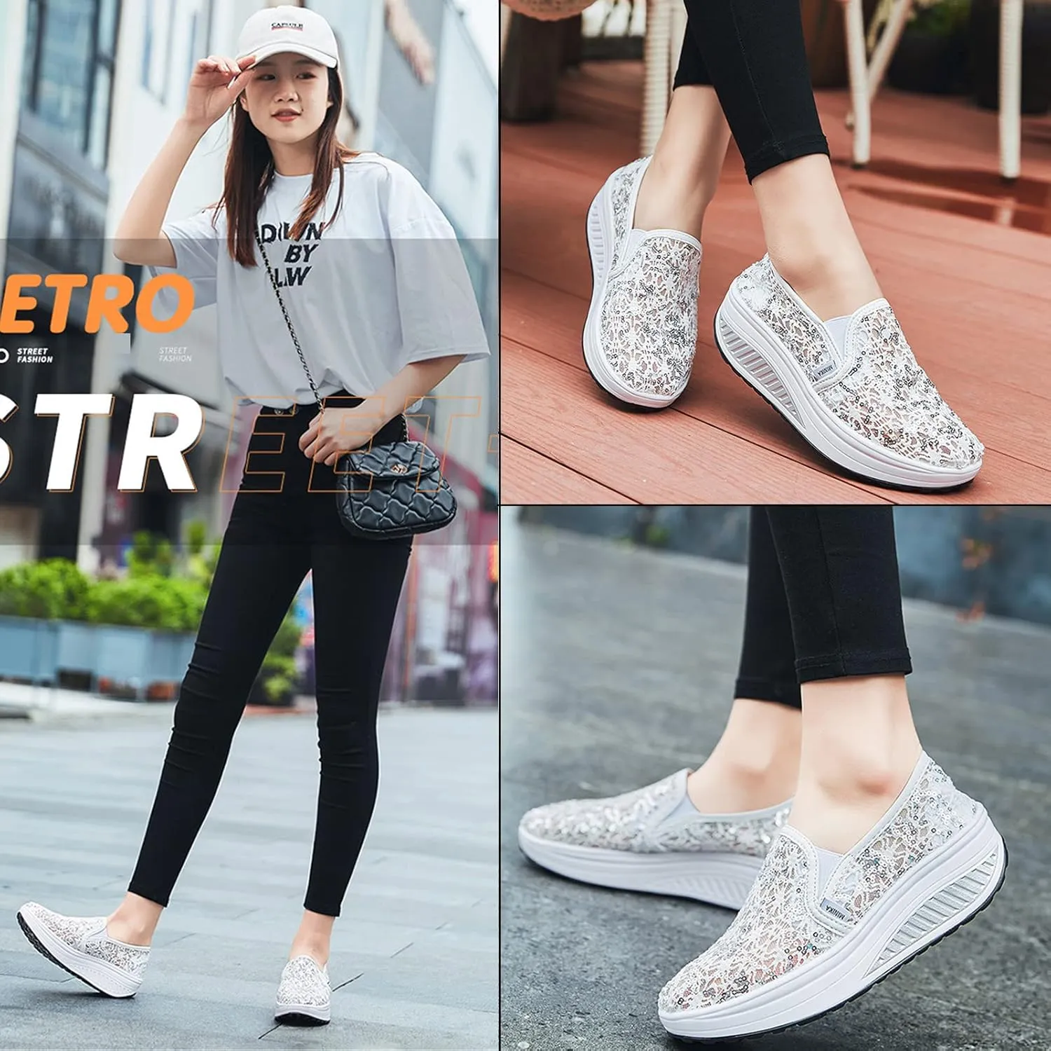 SOLPNOW Women's Mesh Sequin Slip On Orthopedic Diabetic Walking Shoes,with Arch Support Breathable Comfort Wedge Platform Loafers Outdoor Walking Sneakers