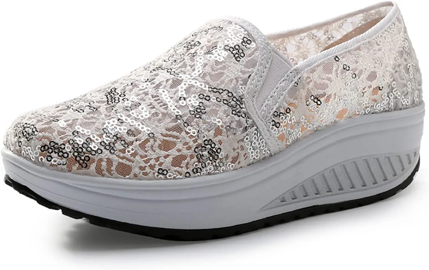 SOLPNOW Women's Mesh Sequin Slip On Orthopedic Diabetic Walking Shoes,with Arch Support Breathable Comfort Wedge Platform Loafers Outdoor Walking Sneakers