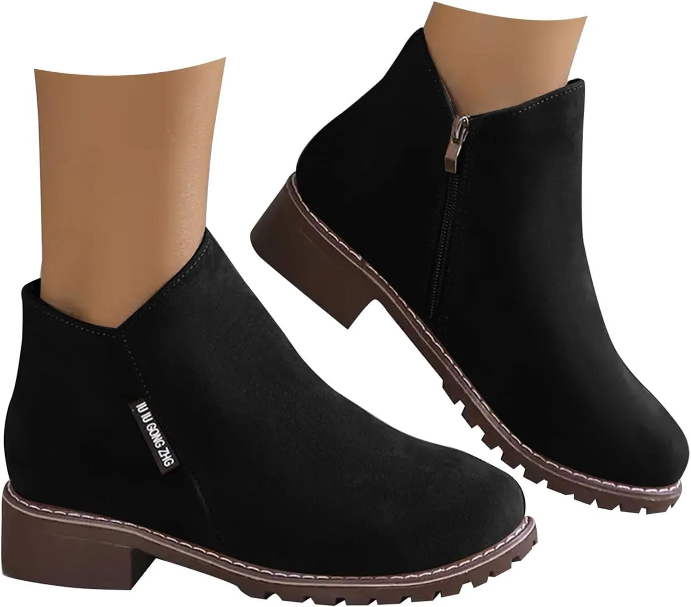 Women Casual Work Boots Chunky Heel Zipper Women Boots Comfortable Round Toe Ankle Comfortable Slip-On Lightweight