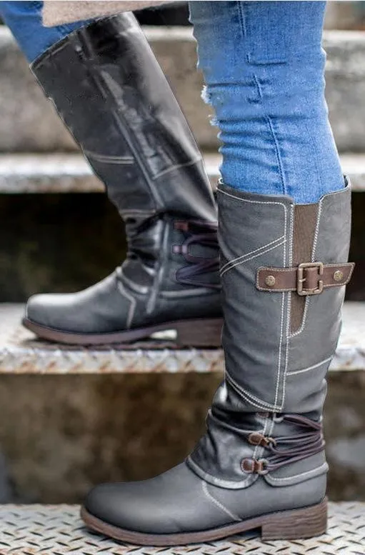 Women Elastic Calf Studded Buckle Strap Square Heel Chunky Platform New Fashion Winter Snow Boots