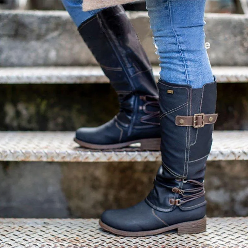 Women Elastic Calf Studded Buckle Strap Square Heel Chunky Platform New Fashion Winter Snow Boots